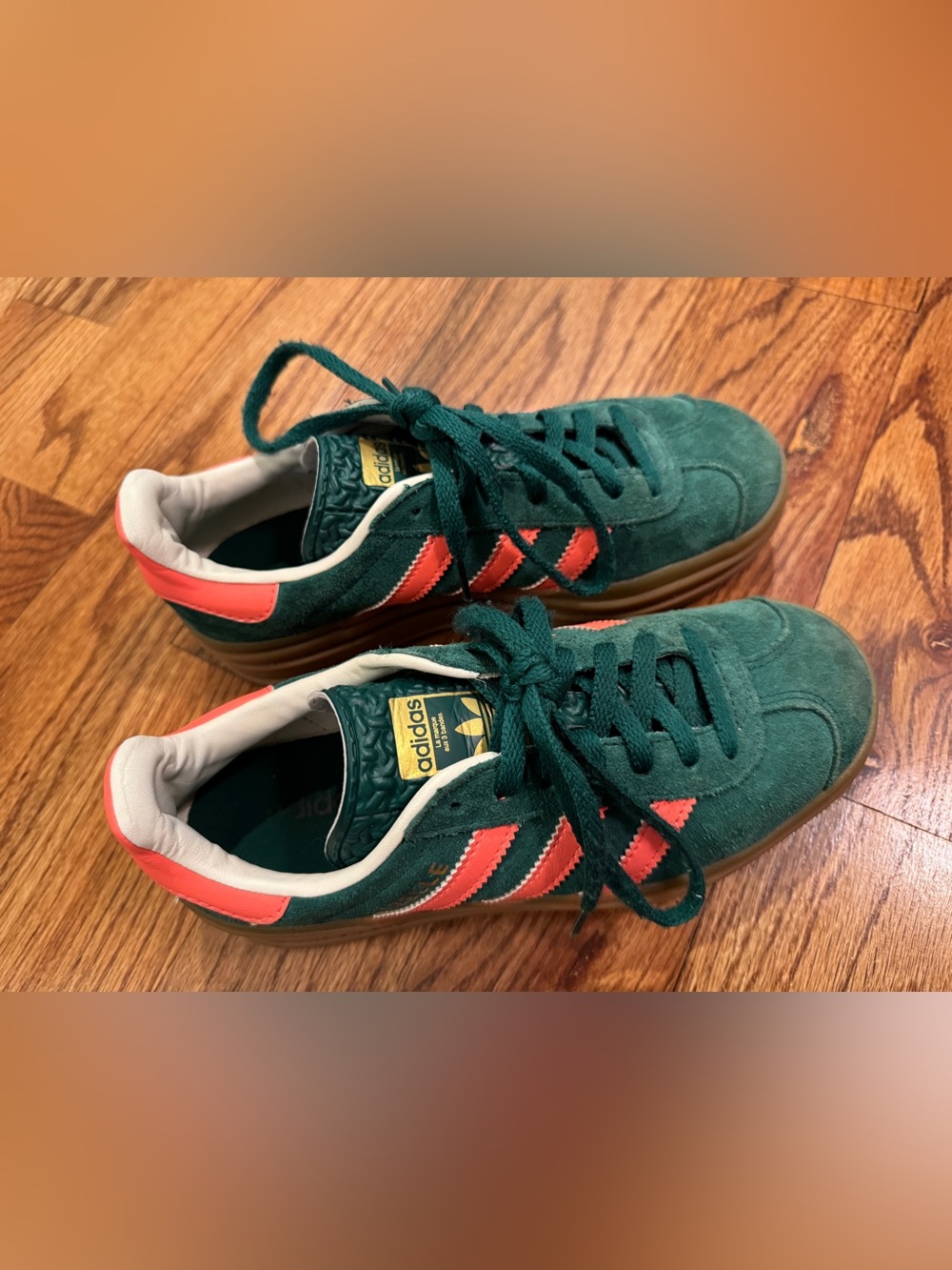 adidas Green Suede Sneakers with Coral Accent Stripes